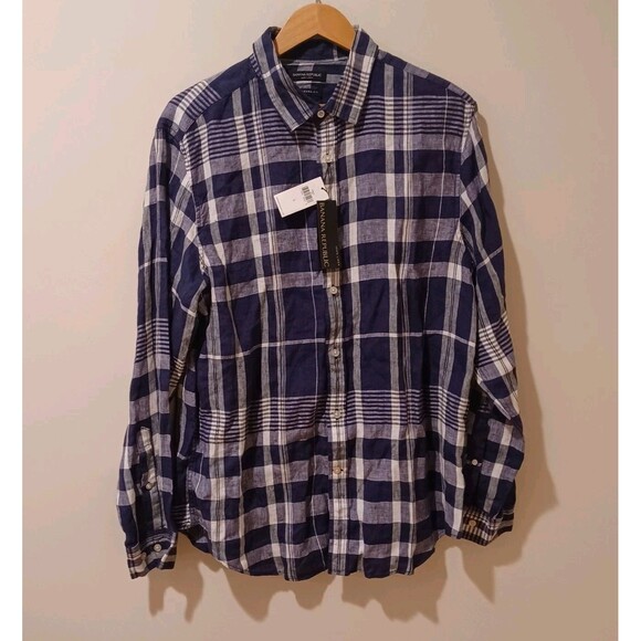 NWT Banana Republic Shirt Men's L Blue Plaid 100% Linen Button-Down Top - Picture 1 of 8